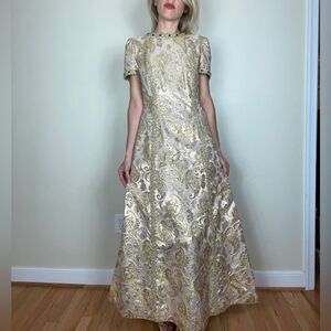 1960s Handmade Golden Brocade Short Sleeve Gown